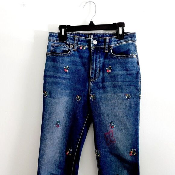 GAP Girls Denim Embroidered Floral Stretch High Rise Ankle Jegging  14 - Picture 3 of 9